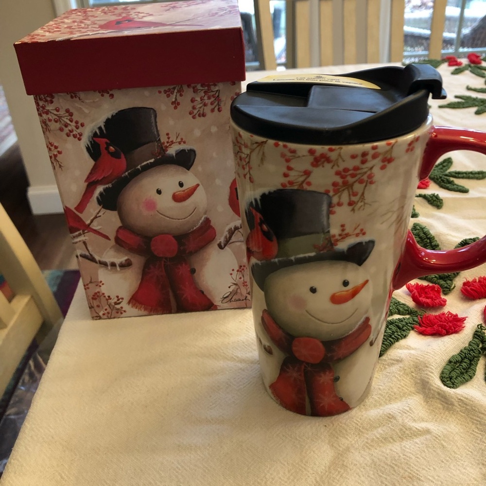 Charming Snowman Travel Mug with Red and Black Accents